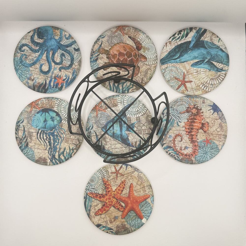 Ocean Life Coasters for Drinks Set of 7 Cork Base Ceramic Coastal Decor - Picture 5 of 9